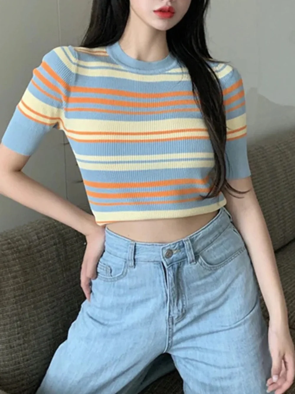 ZARA Pastel Stripe Ribbed Knit Top Size S - Picture 1 of 4